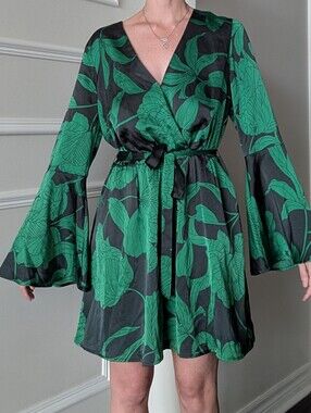Marciano By Guess Green And Black Floral Wrap Shorts Dress with Bell Sleeves